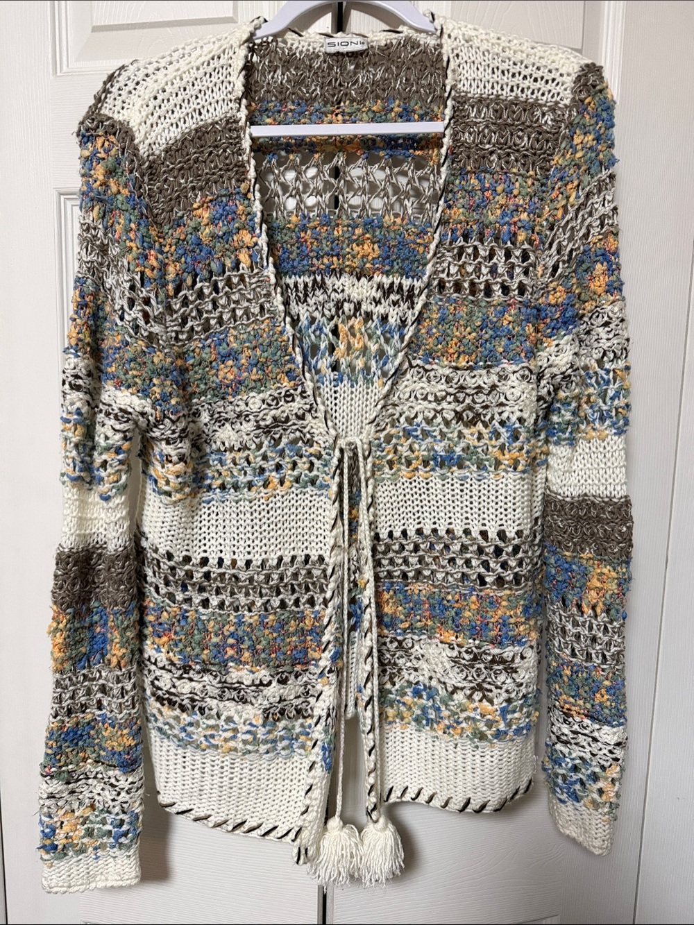 Sioni Open-Weave Tie-Front Cardigan in Cream, Blue & Brown